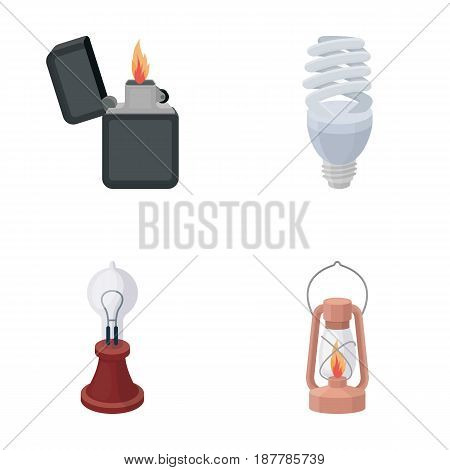 Lighter, economical light bulb, edison lamp, kerosene lamp.Light source set collection icons in cartoon style vector symbol stock illustration .