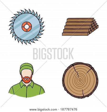 Circular saw, a working carpenter, a stack of logs. A sawmill and timber set collection icons in cartoon style vector symbol stock illustration .