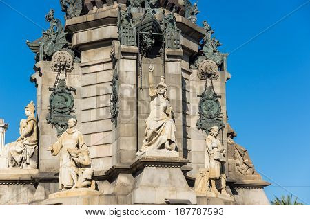 The Columbus Monument is a 60 m tall monument to Christopher Columbus at the lower end of La Rambla Barcelona Catalonia Spain