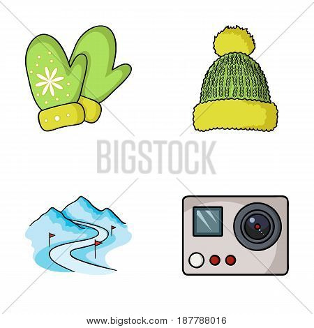 Mittens, warm hat, ski piste, motion camera. Ski resort set collection icons in cartoon style vector symbol stock illustration .