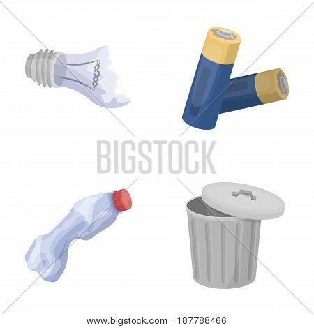 Broken light bulb, used batteries, breaking a plastic bottle, garbage can with a sign.Garbage and trash set collection icons in cartoon style vector symbol stock illustration .