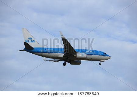Amsterdam the Netherlands - July 15th 2016: PH-BGG KLM Royal Dutch Airlines Boeing 737 approaching Polderbaan runway at Schiphol Amsterdam Airport arriving from London Valencia Spain