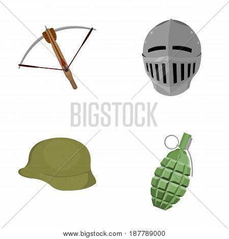 Crossbow, medieval helmet, soldier's helmet, hand grenade. Weapons set collection icons in cartoon style vector symbol stock illustration .