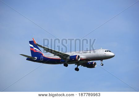 Amsterdam the Netherlands - July 21st 2016:VP-BJY Aeroflot - Russian Airlines Airbus A320 approaching Polderbaan runway at Schiphol Amsterdam Airport arriving from Moscow Russia