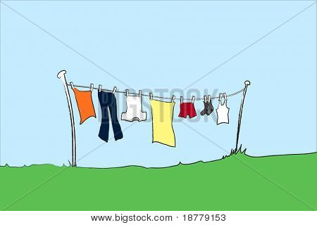남성 의류를 건조 놀고의 벡터 그림. 텍스트를 위한 공간