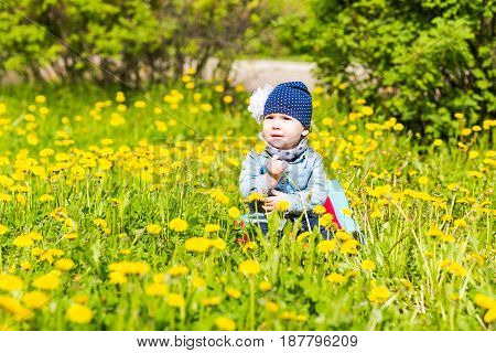 Beautiful happy little baby girl sitting on a green meadow with yellow flowers dandelions on the nature in the park