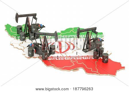 Iran map with oil barrels and pumpjacks. Oil production concept. 3D rendering