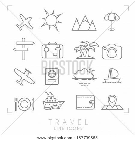 Outline thin travel and vacation icons set. Airplane sun umbrella suitcase palms photo camera pass sea horizon yacht ship wallet map and points wooden arrows mountains.