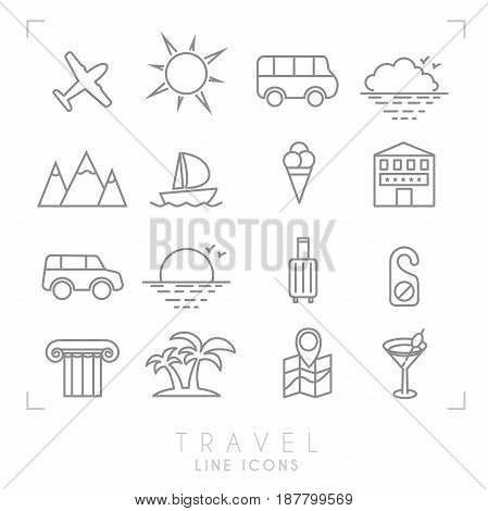 Outline travel line icons set. Airplane sun bus cloud horizon mountains yacht hotel rent car luggage do not disturb message ionic column palms map with points cocktail and ice cream.