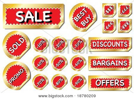 A bumper collection of promotional stickers in red and gold. EPS 10 vector