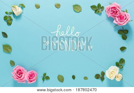 Hello Monday Message With Roses And Leaves