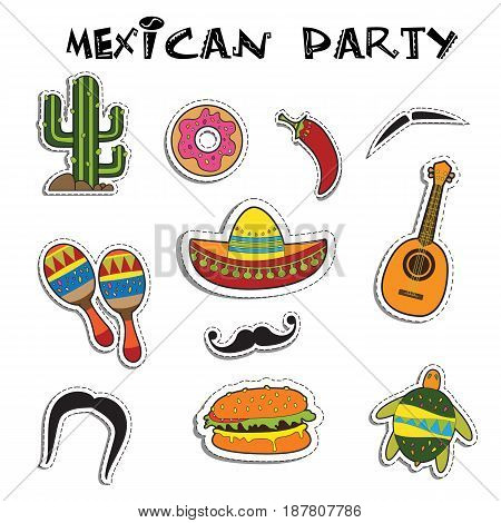 Mexican party sticker applique set. Vector illustration.