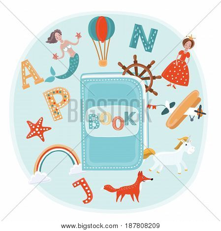 Fairy tale concept Vector cute cartoon illustration of illustration book and fantasy kids world. Fairytale characters: mermaid, unicorn, wheel sheep, ballon, rainbow, airplane, princess. Reading. Imagination coming to life in a children mind