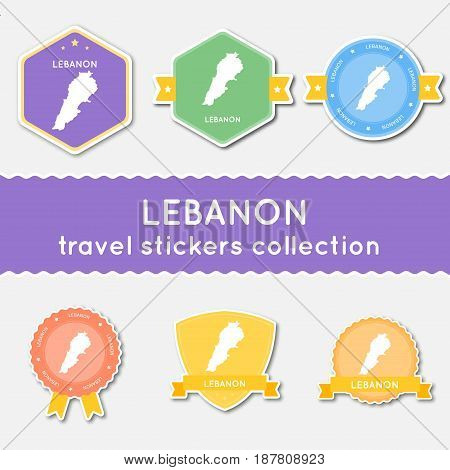 Lebanon Travel Stickers Collection. Big Set Of Stickers With Country Map And Name. Flat Material Sty