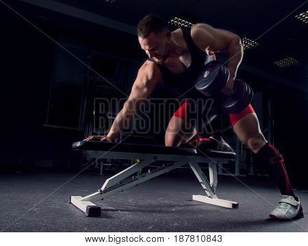 Professional Athlete Pulls The Dumbbells To The Stomach