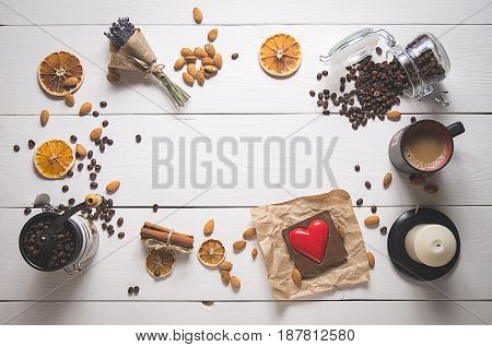 Top View Of Red Heart And Coffee On White Boards