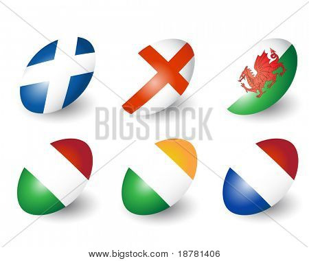 Seks rugby bolde som repræsenterer nationer i England, Skotland, Wales, Irland, Frankrig & Italien. Også 