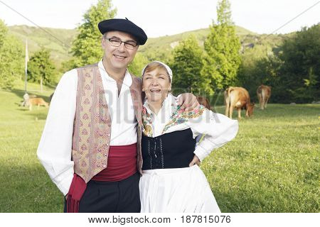 Couple Dressed With One Of The Traditional Basque Country Dresses.