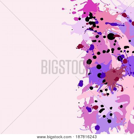 Pink maroon purple lilac artistic ink splashes vector background copy space. Greeting card or invitation template with place for text