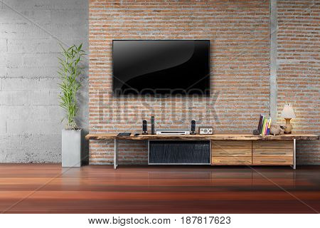 Living room led tv on brick wall with wooden table and plant in pot empty interrior