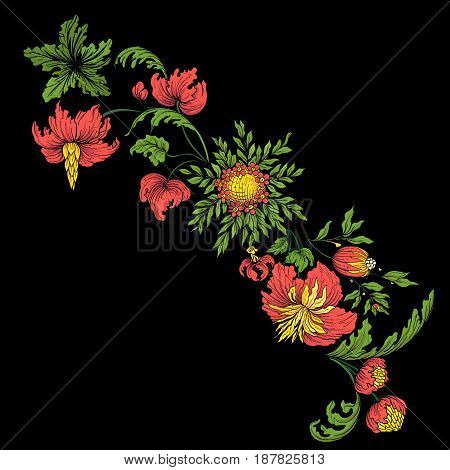 Embroidery for the collar line. Floral ornament in vintage style on a black background. Stock vector illustration.
