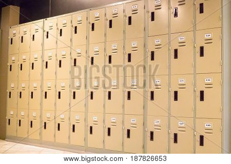 Row Of Old Lockers In School Hallway stock photo