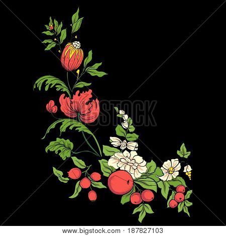 Embroidery for the collar line. Floral ornament in vintage style on a black background. Stock vector illustration.
