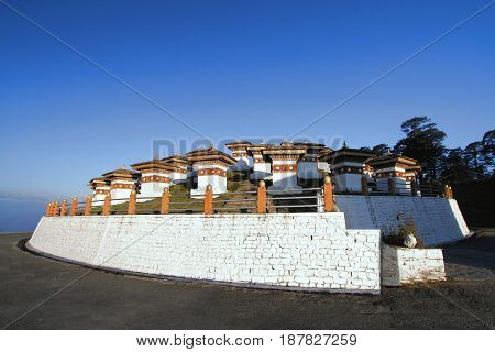 The 108 chortens (stupas) is the memorial in honour of the Bhutanese soldiers at Dochula Pass on the road from Thimphu to Punaka Bhutan