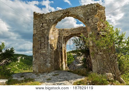 Gate on the Tapshan Plateau of Cave City in Cherkez-Kermen Valley, Crimea