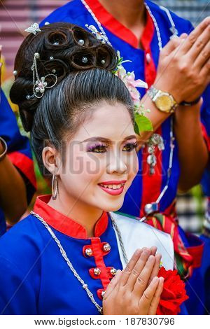 NAKORN PHANOM THAILAND - FEBRUARY 14 2015: Thai northeastern dance in Phutai world event day in Renunakorn of Nakorn Phanom Thailand