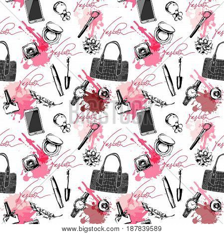 Vector hand drawn graphic fashion sketch flat shoes. Trend graphic contrasty glamour fashion seamless pattern. Isolated elements