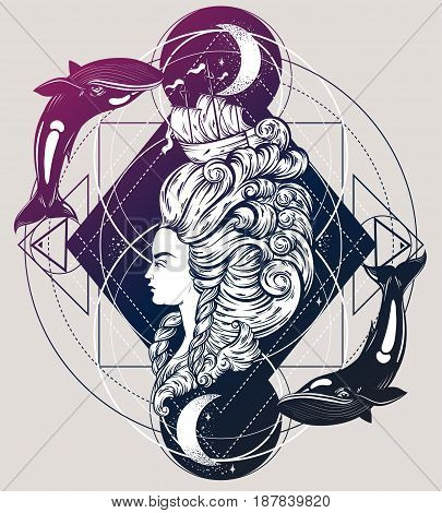 Vecor illustration of woman head with beautiful hairstyle with ship and waves. Tattoo artwork in baroque style. Realistic portrait of queen. Template for card poster banner print for t-shirt.