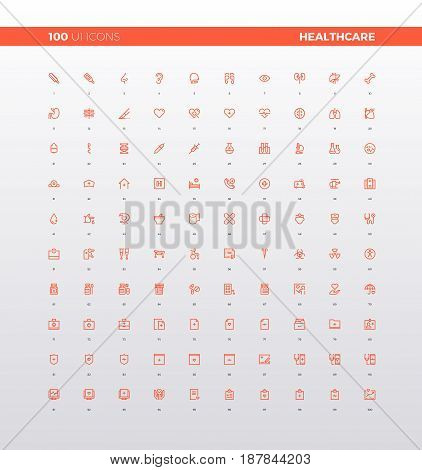 UI icons of healthcare mobile pictogram elements for smartphone app medical center and first aid support web icons. 32px simple line icons set. Premium quality symbols and sign web logo collection.