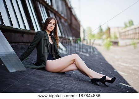 Sexy Model Girl Wit Long Legs At Black Lingerie Outfit Body Swimsuit Combidress And Jacket Posed At