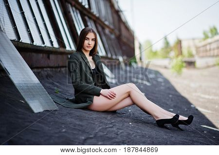 Sexy Model Girl Wit Long Legs At Black Lingerie Outfit Body Swimsuit Combidress And Jacket Posed At