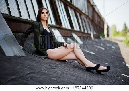 Sexy Model Girl Wit Long Legs At Black Lingerie Outfit Body Swimsuit Combidress And Jacket Posed At