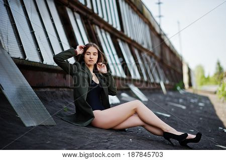 Sexy Model Girl Wit Long Legs At Black Lingerie Outfit Body Swimsuit Combidress And Jacket Posed At