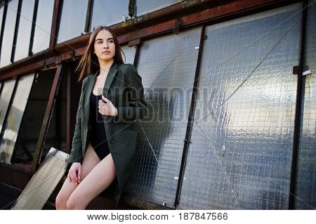Sexy Model Girl Wit Long Legs At Black Lingerie Outfit Body Swimsuit Combidress And Jacket Posed At