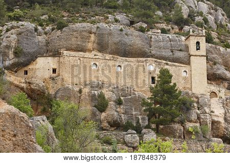 Sanctuary excavated on the rock. La Balma Castellón. Spanish heritage