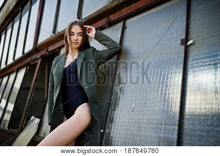 Sexy Model Girl Wit Long Legs At Black Lingerie Outfit Body Swimsuit Combidress And Jacket Posed At