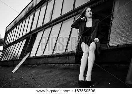 Sexy Model Girl Wit Long Legs At Black Lingerie Outfit Body Swimsuit Combidress And Jacket Posed At
