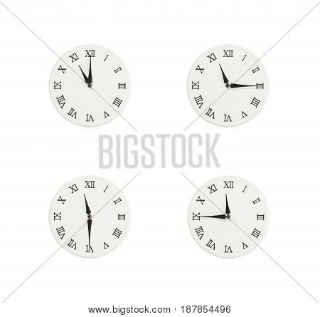 Closeup group of white clock with shadow for decorate show the time in 11 11:15 11:30 11:45 a.m. isolated on white background beautiful 4 wall clock picture in different time