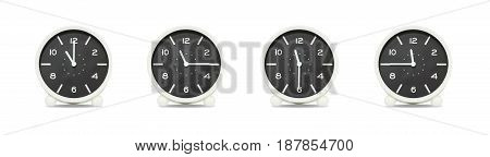 Closeup group of black and white clock with shadow for decorate show the time in 11 11:15 11:30 11:45 a.m. isolated on white background beautiful 4 clock picture in different time