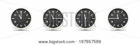 Closeup group of black and white clock with shadow for decorate show the time in 11 11:15 11:30 11:45 a.m. isolated on white background beautiful 4 clock picture in different time