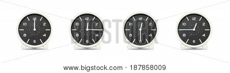 Closeup group of black and white clock with shadow for decorate show the time in 12 12:15 12:30 12:45 a.m. isolated on white background beautiful 4 clock picture in different time