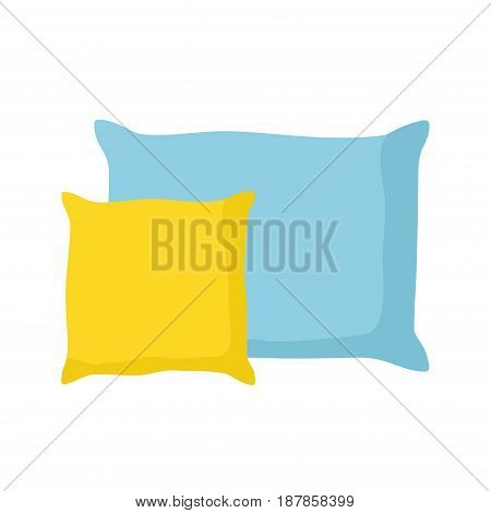 Blue and yellow pillows isolated on white background. Comfortable bed cushion pillow and bedding cloth. Vector Illustration