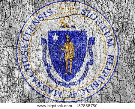 Grudge stone painted US Massachusetts seal flag