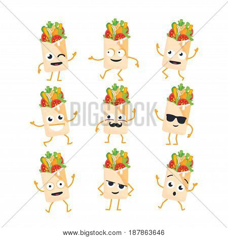 Shawarma Cartoon Character - modern vector template set of mascot illustrations. Gift images of shawarma, dancing, smiling, having a good time. Emoticons, happiness, emotions, coolness, kiss, surprise