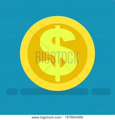 Big dollar symbol on gold coin icon on blue background. Piece of money with currency logo of buck in cartoon style. Vector illustration of riches and american gold money web banner flat design.