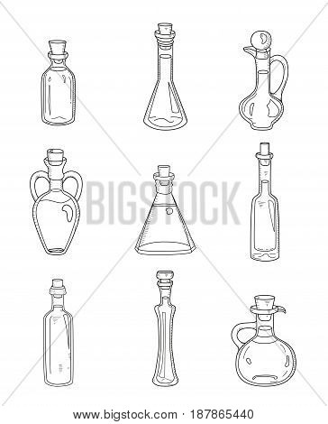 9 isolated doodle bottles. Sketchy hand drawn set of different kinds of bowls, jugs, vials, decanters with water or fluids. Outline icons of beverages in glass for kitchen, medicine, cosmetics needs.